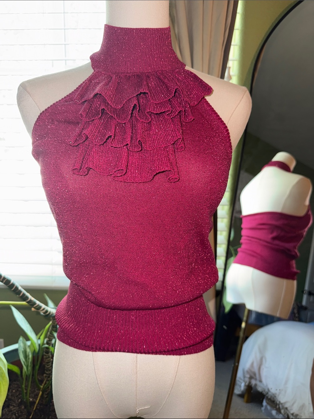 Y2K Rampage Sparkle Ruffle Halter Tank in Wine